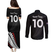 New Zealand Rugby Custom Couples Matching Puletasi and Long Sleeve Button Shirt Sporty Silver Fern Shape with Maori Tattoos LT03 - Polynesian Pride
