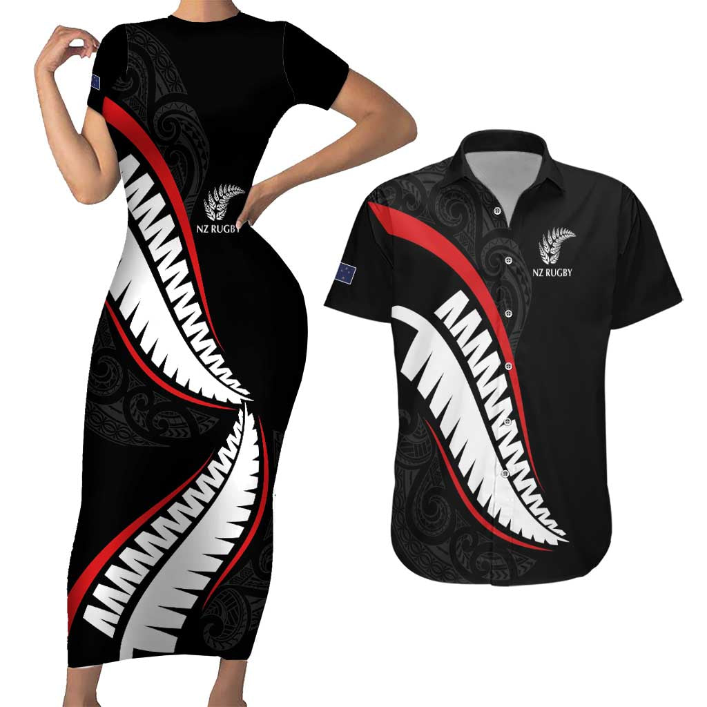 New Zealand Rugby Custom Couples Matching Short Sleeve Bodycon Dress and Hawaiian Shirt Sporty Silver Fern Shape with Maori Tattoos LT03 Black - Polynesian Pride