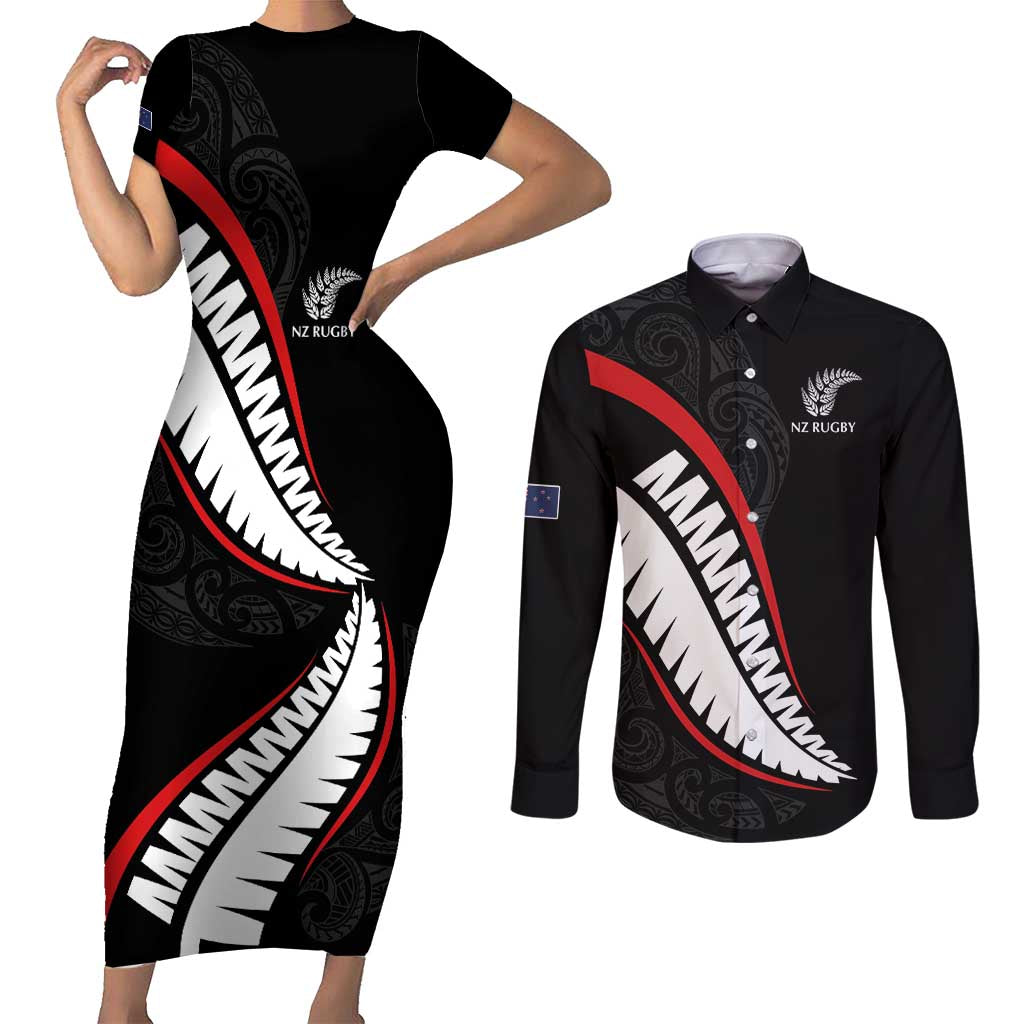 New Zealand Rugby Custom Couples Matching Short Sleeve Bodycon Dress and Long Sleeve Button Shirt Sporty Silver Fern Shape with Maori Tattoos LT03 Black - Polynesian Pride