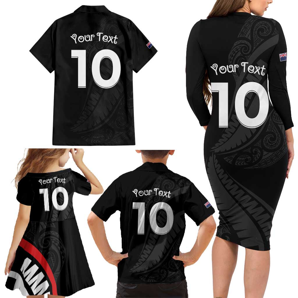 New Zealand Rugby Custom Family Matching Long Sleeve Bodycon Dress and Hawaiian Shirt Sporty Silver Fern Shape with Maori Tattoos LT03 - Polynesian Pride