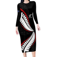 New Zealand Rugby Custom Family Matching Long Sleeve Bodycon Dress and Hawaiian Shirt Sporty Silver Fern Shape with Maori Tattoos LT03 Mom's Dress Black - Polynesian Pride