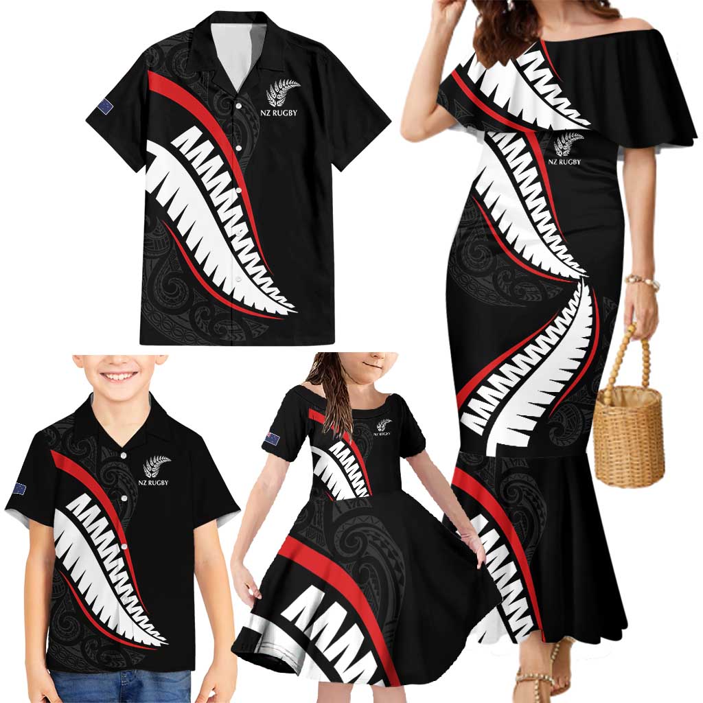 New Zealand Rugby Custom Family Matching Mermaid Dress and Hawaiian Shirt Sporty Silver Fern Shape with Maori Tattoos LT03 - Polynesian Pride