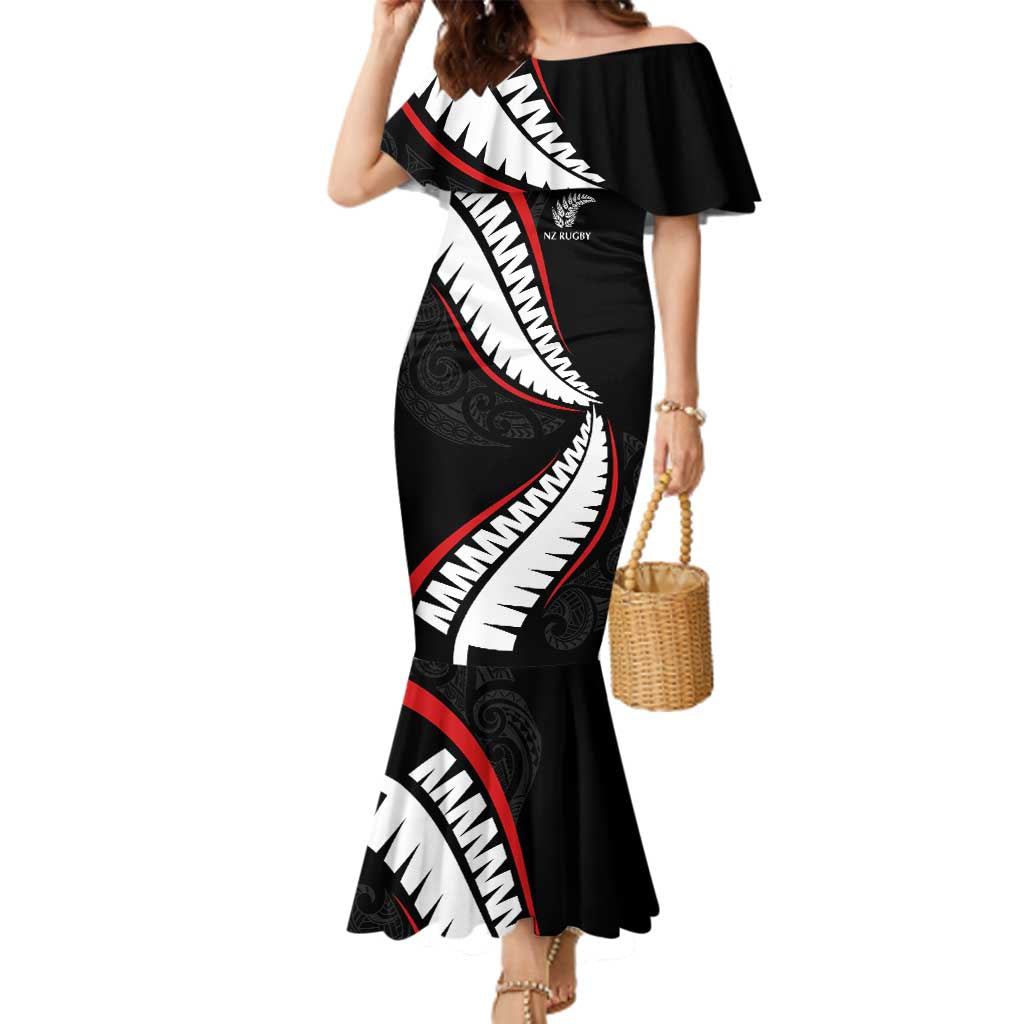 New Zealand Rugby Custom Family Matching Mermaid Dress and Hawaiian Shirt Sporty Silver Fern Shape with Maori Tattoos LT03 Mom's Dress Black - Polynesian Pride