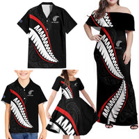 New Zealand Rugby Custom Family Matching Off Shoulder Maxi Dress and Hawaiian Shirt Sporty Silver Fern Shape with Maori Tattoos LT03 - Polynesian Pride