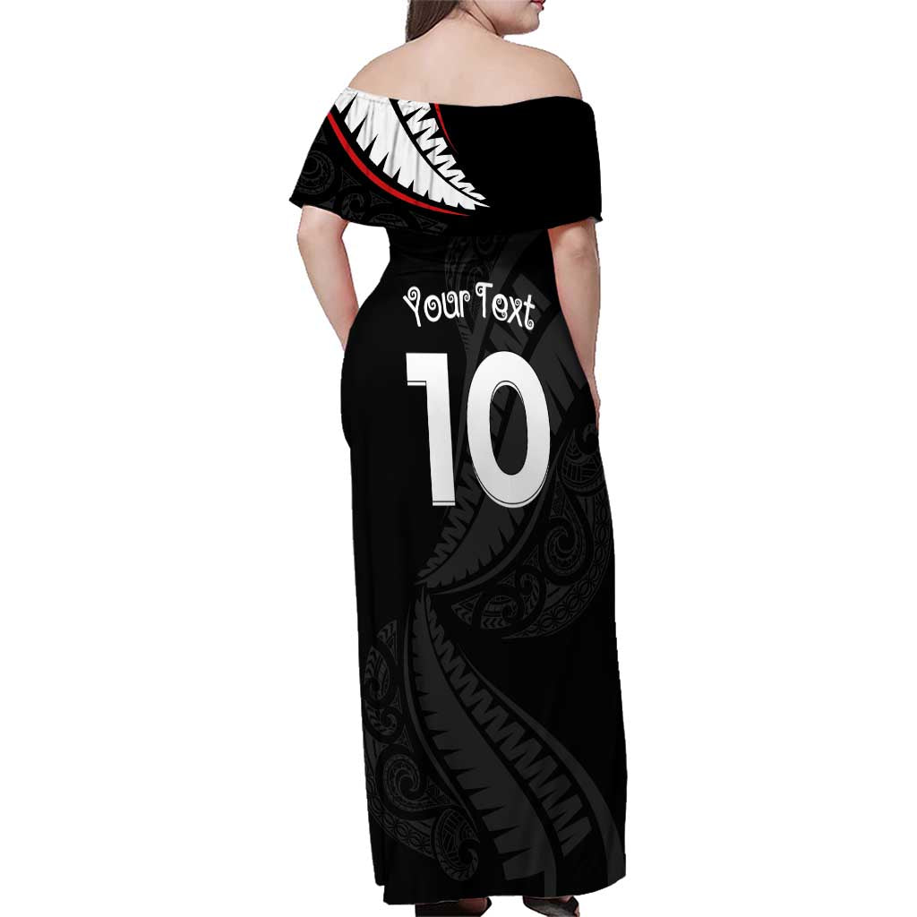 New Zealand Rugby Custom Family Matching Off Shoulder Maxi Dress and Hawaiian Shirt Sporty Silver Fern Shape with Maori Tattoos LT03 - Polynesian Pride