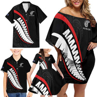 New Zealand Rugby Custom Family Matching Off Shoulder Short Dress and Hawaiian Shirt Sporty Silver Fern Shape with Maori Tattoos LT03 - Polynesian Pride
