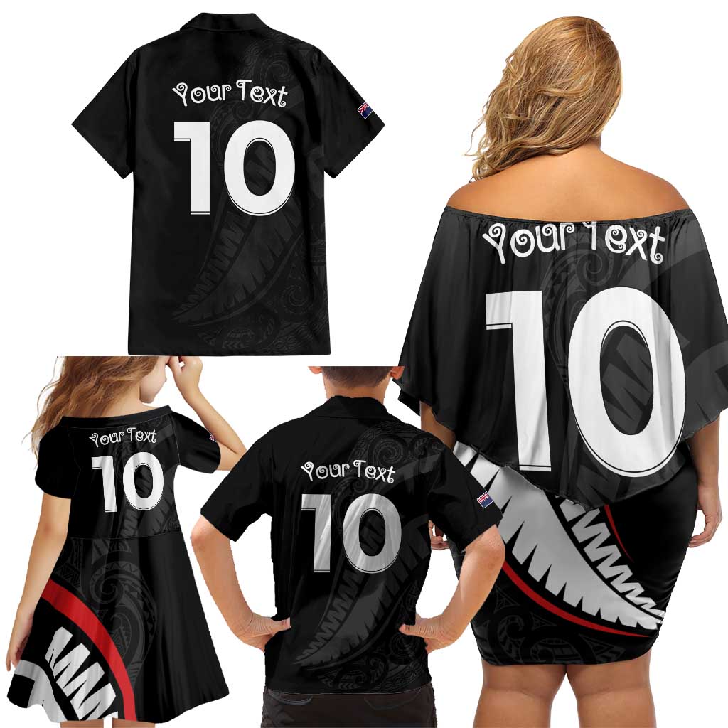 New Zealand Rugby Custom Family Matching Off Shoulder Short Dress and Hawaiian Shirt Sporty Silver Fern Shape with Maori Tattoos LT03 - Polynesian Pride