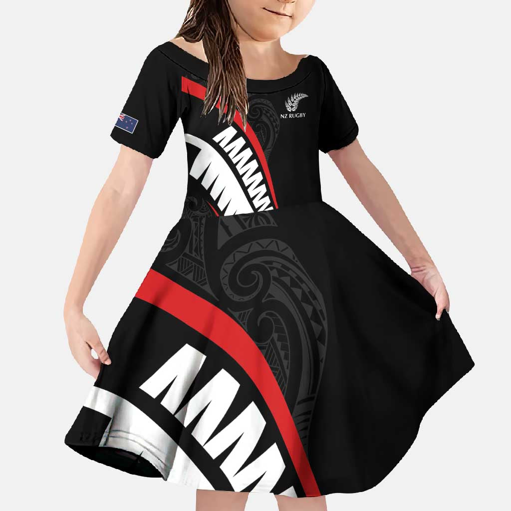 New Zealand Rugby Custom Family Matching Short Sleeve Bodycon Dress and Hawaiian Shirt Sporty Silver Fern Shape with Maori Tattoos LT03 Daughter's Dress Black - Polynesian Pride