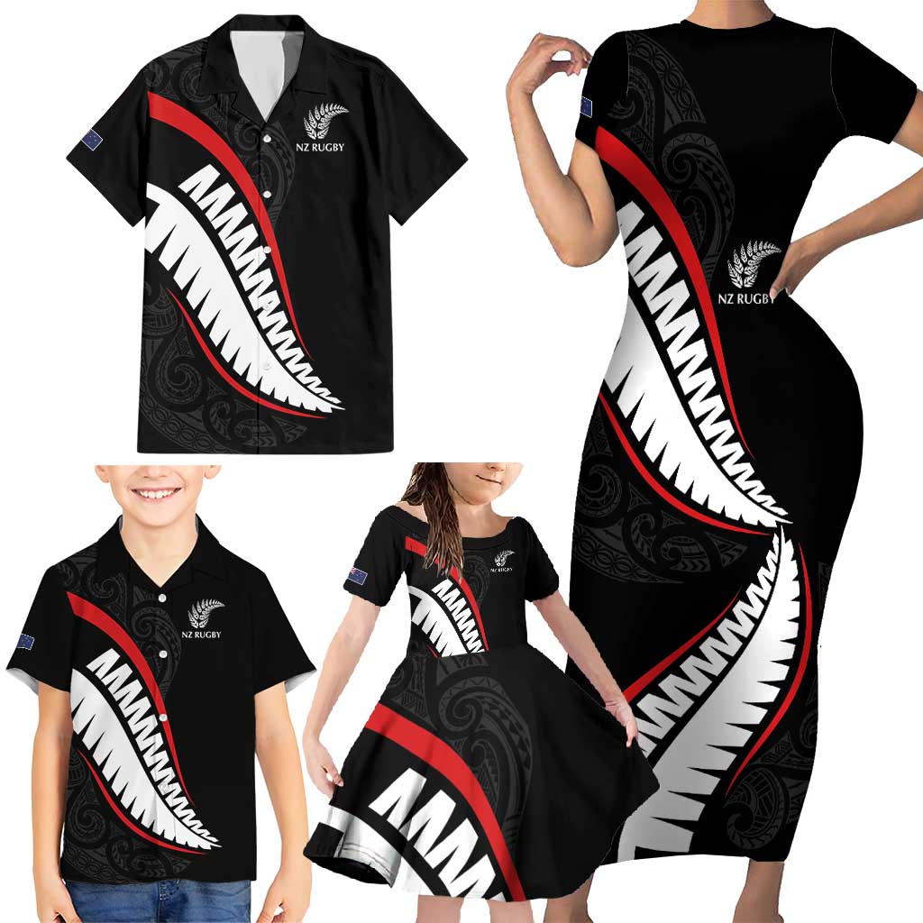 New Zealand Rugby Custom Family Matching Short Sleeve Bodycon Dress and Hawaiian Shirt Sporty Silver Fern Shape with Maori Tattoos LT03 - Polynesian Pride