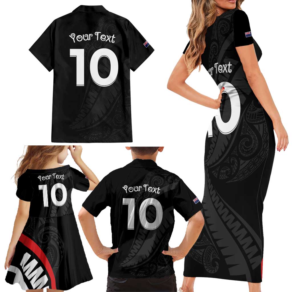 New Zealand Rugby Custom Family Matching Short Sleeve Bodycon Dress and Hawaiian Shirt Sporty Silver Fern Shape with Maori Tattoos LT03 - Polynesian Pride