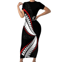 New Zealand Rugby Custom Family Matching Short Sleeve Bodycon Dress and Hawaiian Shirt Sporty Silver Fern Shape with Maori Tattoos LT03 Mom's Dress Black - Polynesian Pride