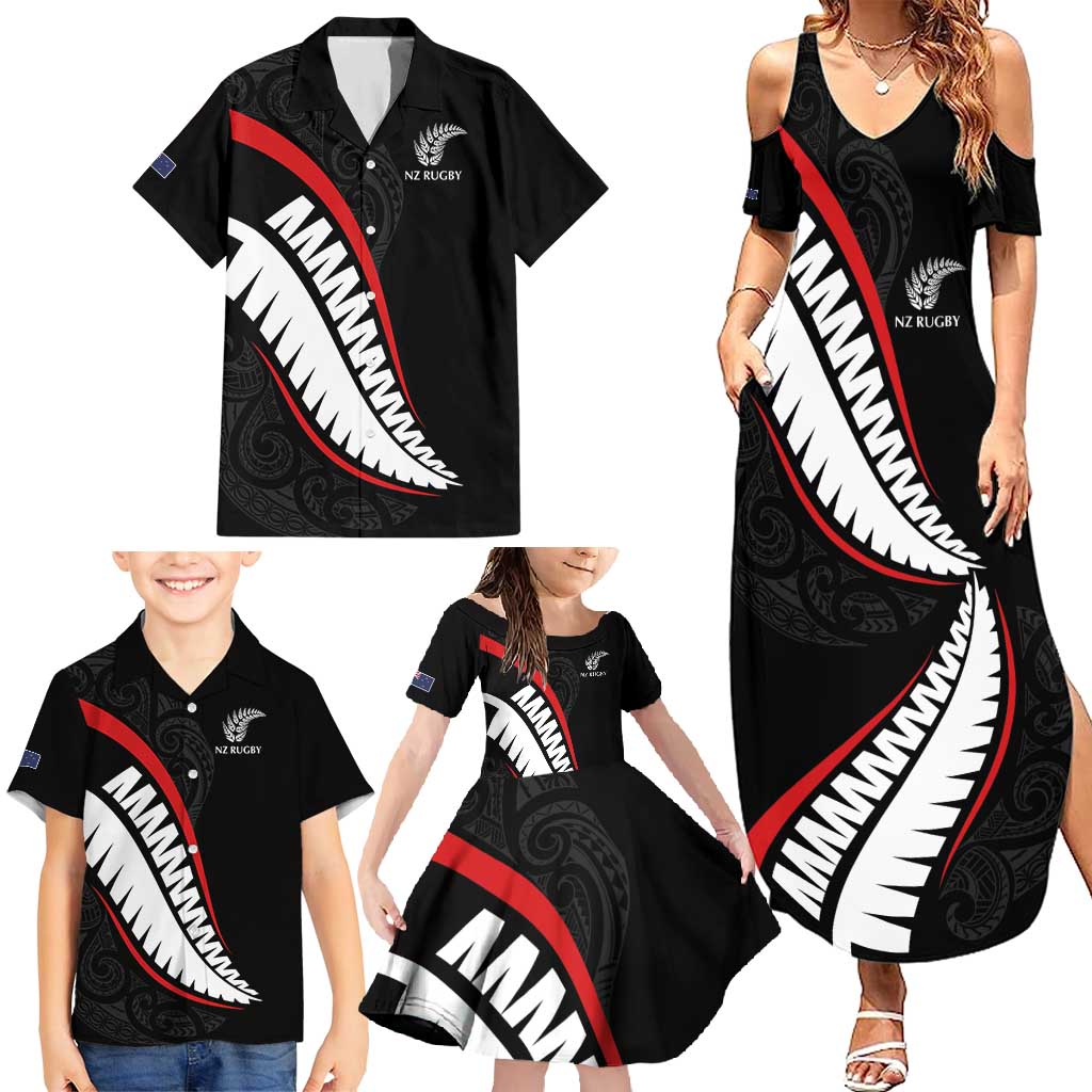 New Zealand Rugby Custom Family Matching Summer Maxi Dress and Hawaiian Shirt Sporty Silver Fern Shape with Maori Tattoos LT03 - Polynesian Pride