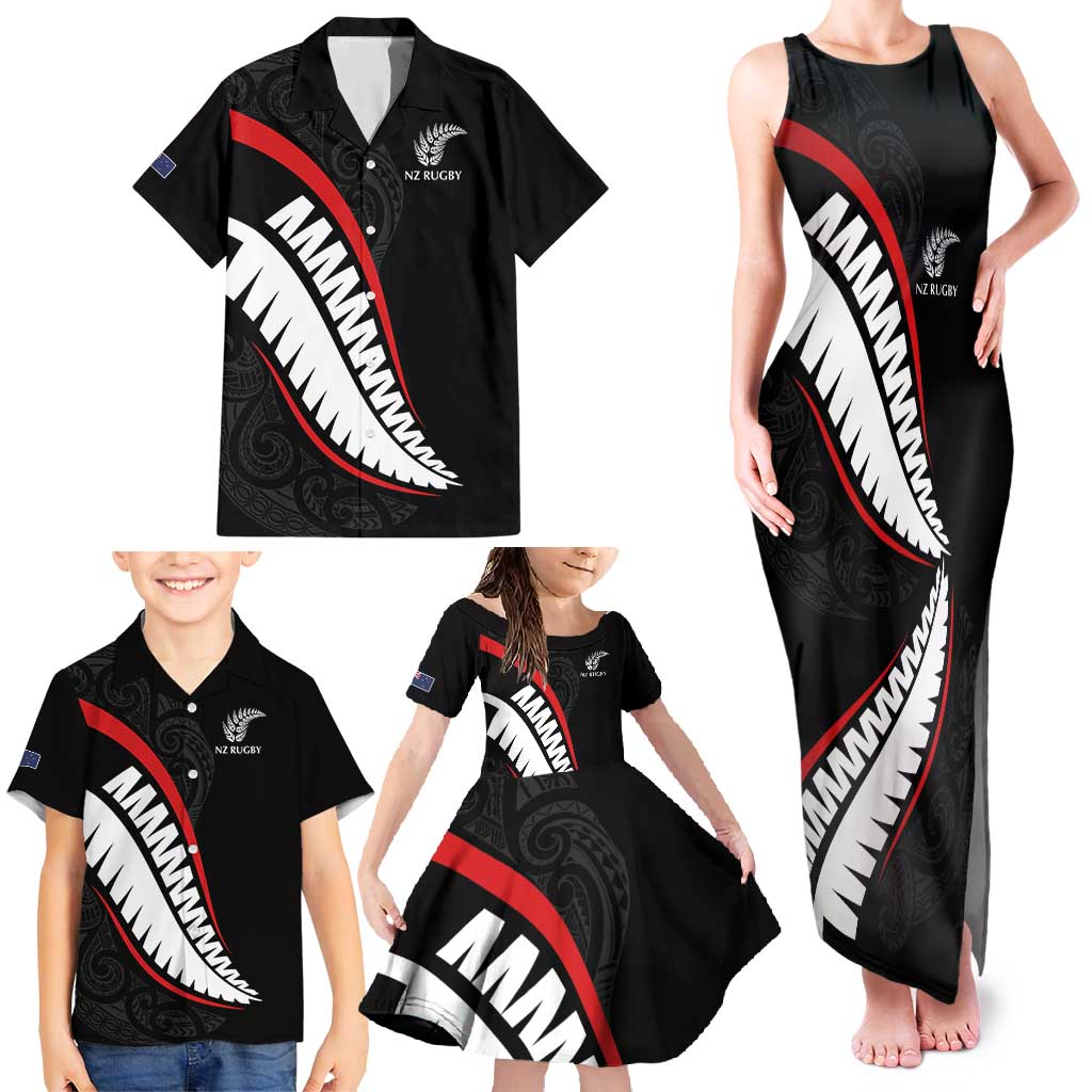 New Zealand Rugby Custom Family Matching Tank Maxi Dress and Hawaiian Shirt Sporty Silver Fern Shape with Maori Tattoos - Polynesian Pride