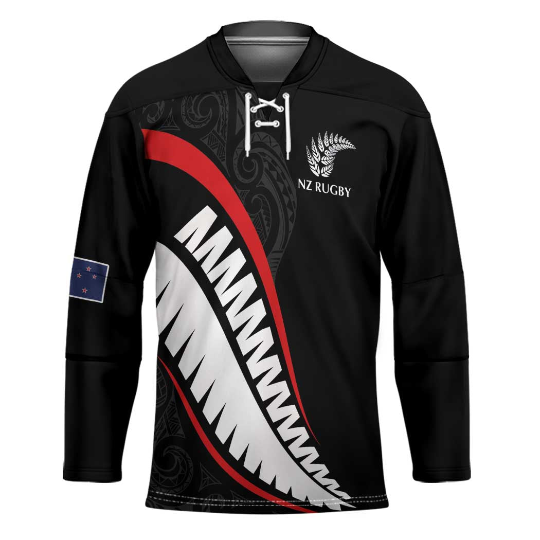 New Zealand Rugby Custom Hockey Jersey Sporty Silver Fern Shape with Maori Tattoos LT03 Unisex Black - Polynesian Pride