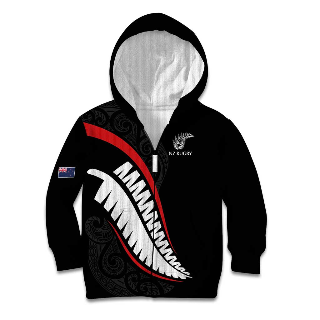 New Zealand Rugby Custom Kid Hoodie Sporty Silver Fern Shape with Maori Tattoos LT03 Zip Hoodie Black - Polynesian Pride