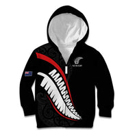 New Zealand Rugby Custom Kid Hoodie Sporty Silver Fern Shape with Maori Tattoos LT03 Zip Hoodie Black - Polynesian Pride