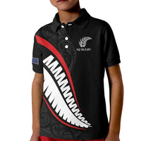 New Zealand Rugby Custom Kid Polo Shirt Sporty Silver Fern Shape with Maori Tattoos LT03 Kid Black - Polynesian Pride