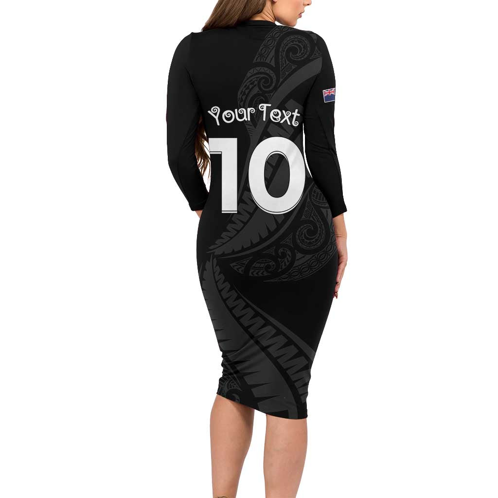 New Zealand Rugby Custom Long Sleeve Bodycon Dress Sporty Silver Fern Shape with Maori Tattoos LT03 - Polynesian Pride
