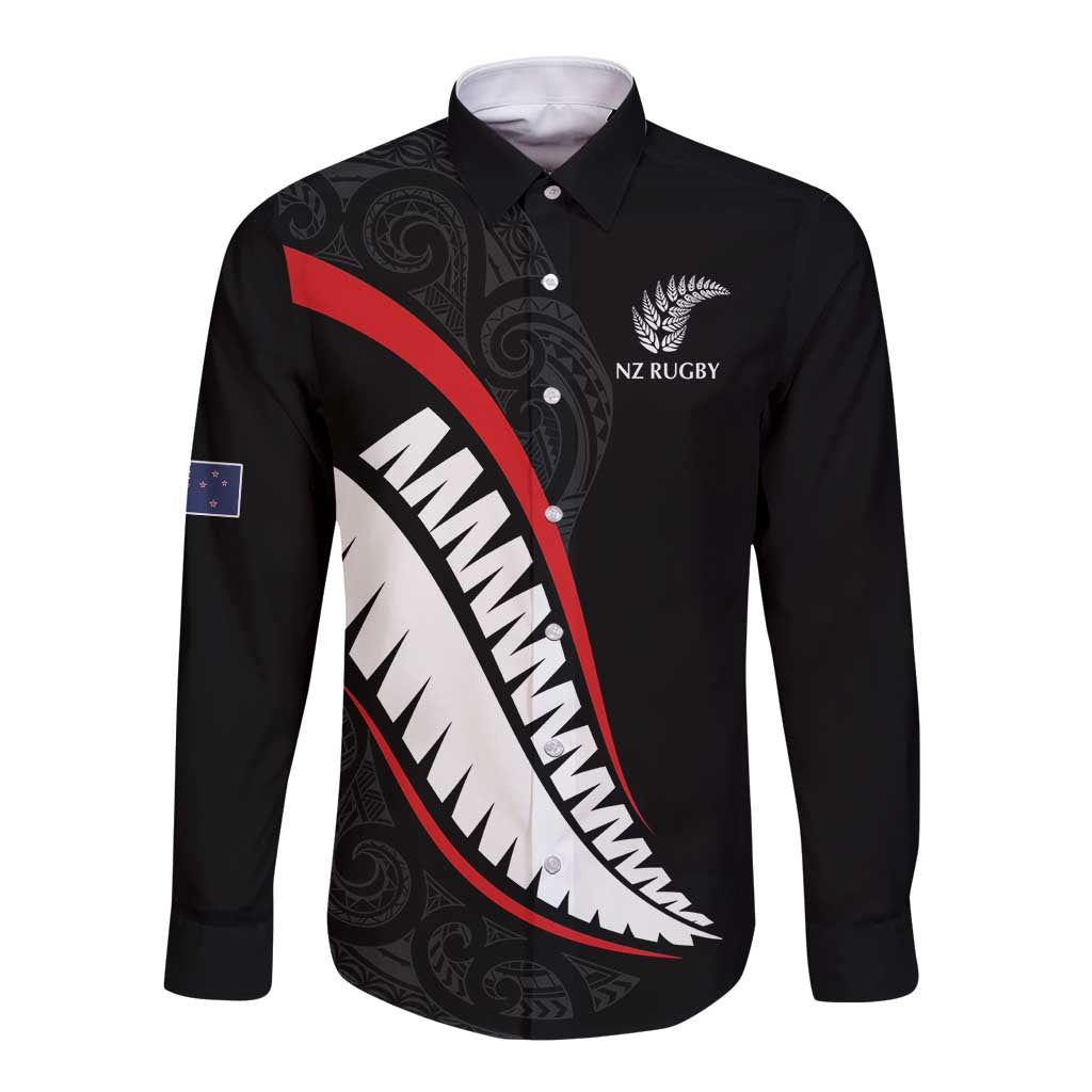 New Zealand Rugby Custom Long Sleeve Button Shirt Sporty Silver Fern Shape with Maori Tattoos - Polynesian Pride