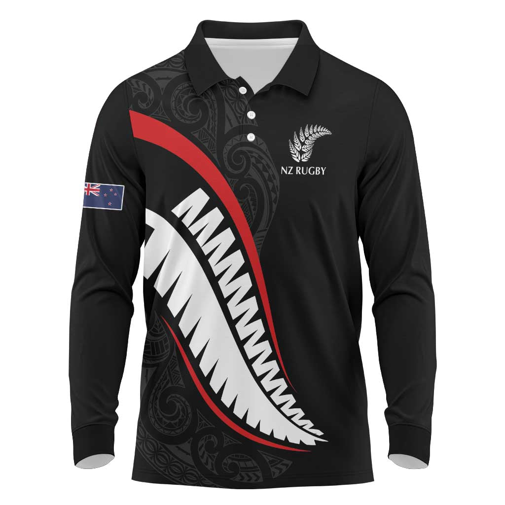 New Zealand Rugby Custom Long Sleeve Polo Shirt Sporty Silver Fern Shape with Maori Tattoos LT03 Black - Polynesian Pride