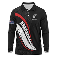 New Zealand Rugby Custom Long Sleeve Polo Shirt Sporty Silver Fern Shape with Maori Tattoos LT03 Black - Polynesian Pride