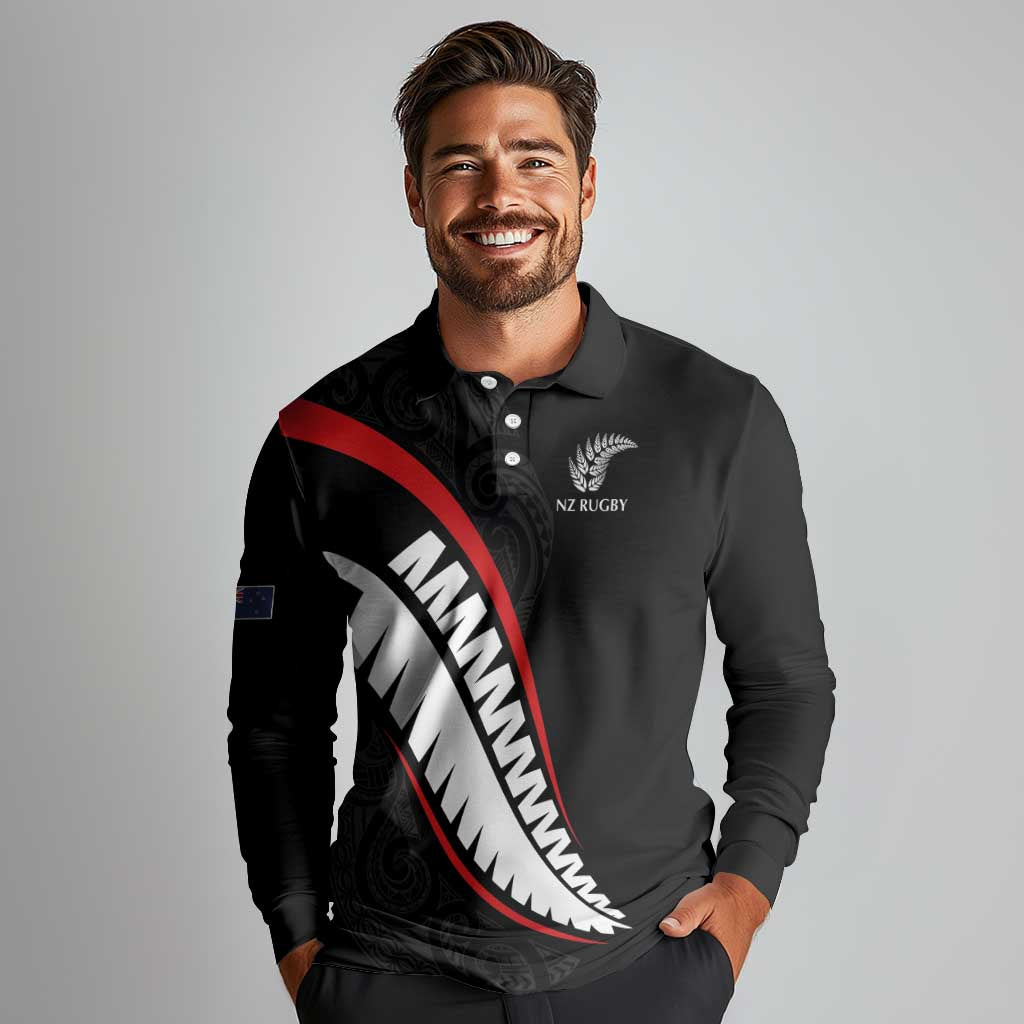 New Zealand Rugby Custom Long Sleeve Polo Shirt Sporty Silver Fern Shape with Maori Tattoos LT03 - Polynesian Pride