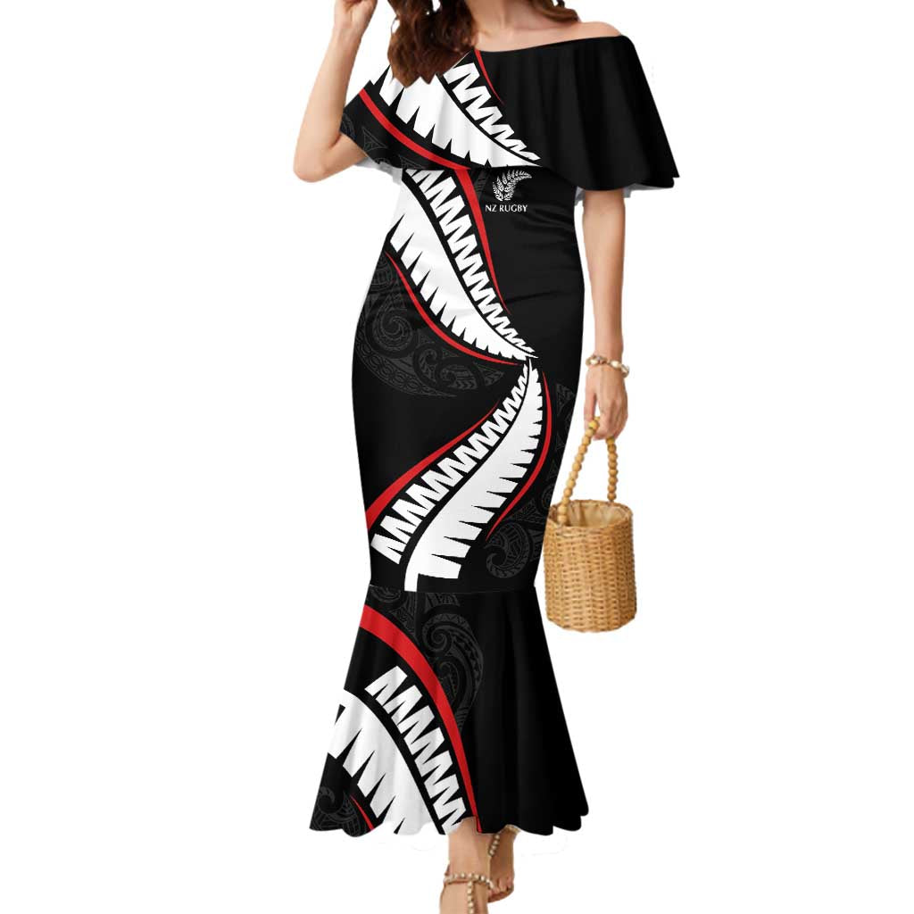 New Zealand Rugby Custom Mermaid Dress Sporty Silver Fern Shape with Maori Tattoos LT03 Women Black - Polynesian Pride