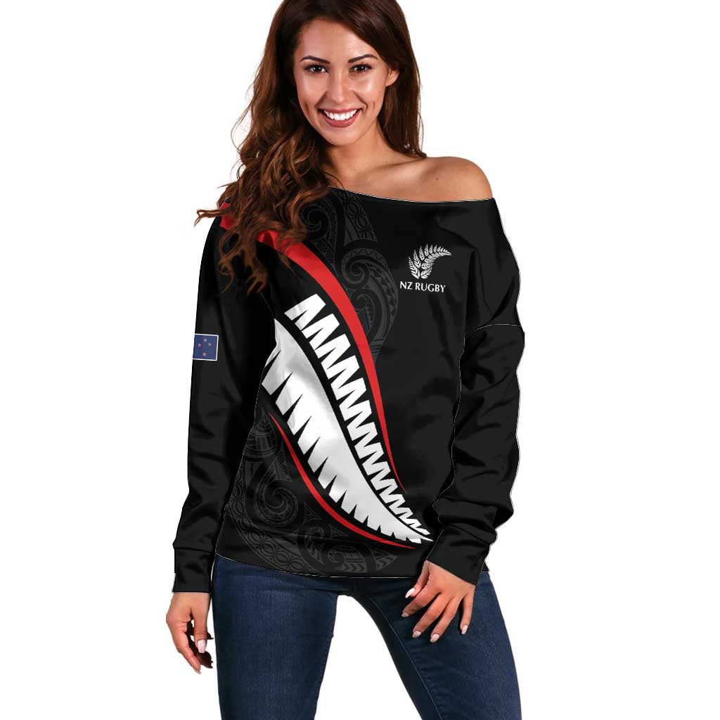 New Zealand Rugby Custom Off Shoulder Sweater Sporty Silver Fern Shape with Maori Tattoos - Polynesian Pride