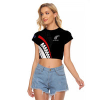 New Zealand Rugby Custom Raglan Cropped T Shirt Sporty Silver Fern Shape with Maori Tattoos LT03 Female Black - Polynesian Pride