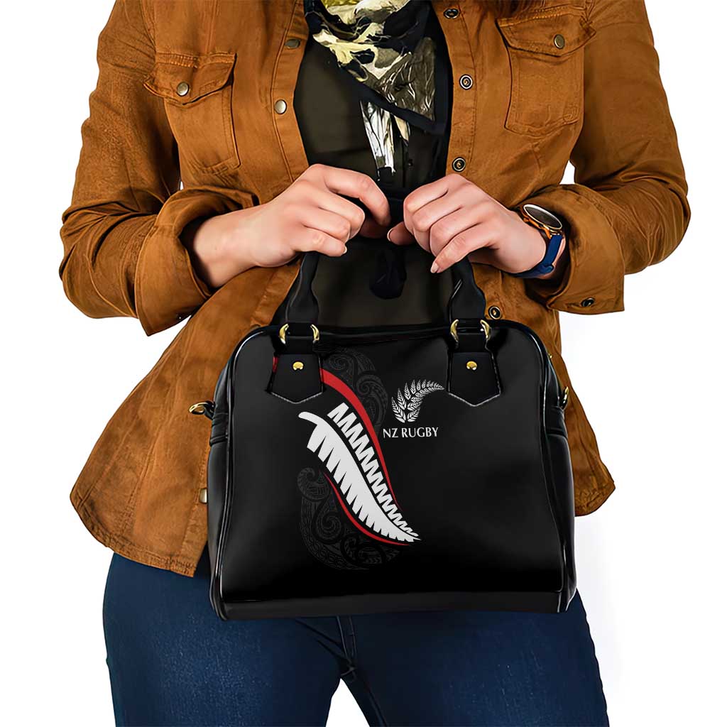 New Zealand Rugby Shoulder Handbag Sporty Silver Fern Shape with Maori Tattoos - Polynesian Pride