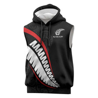 New Zealand Rugby Custom Sleeveless Hoodie Sporty Silver Fern Shape with Maori Tattoos LT03 Black - Polynesian Pride