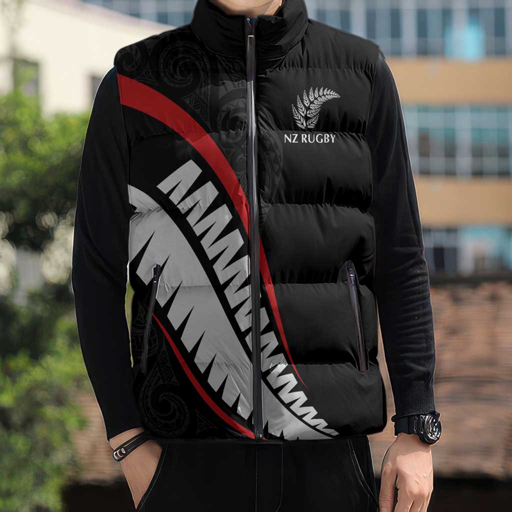 New Zealand Rugby Custom Sleeveless Puffer Jacket Sporty Silver Fern Shape with Maori Tattoos - Polynesian Pride