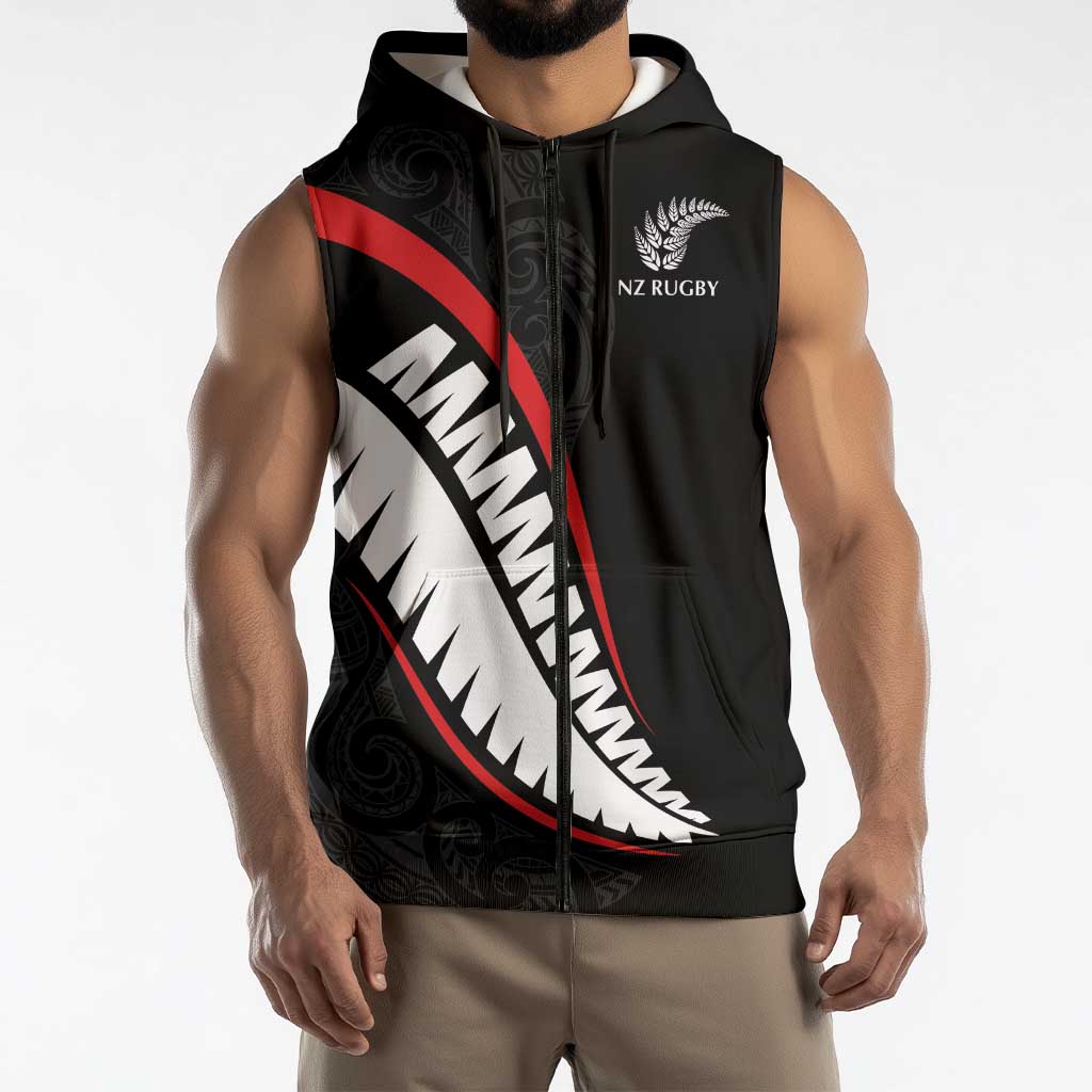 New Zealand Rugby Custom Sleeveless Zip Hoodie Sporty Silver Fern Shape with Maori Tattoos LT03 - Polynesian Pride