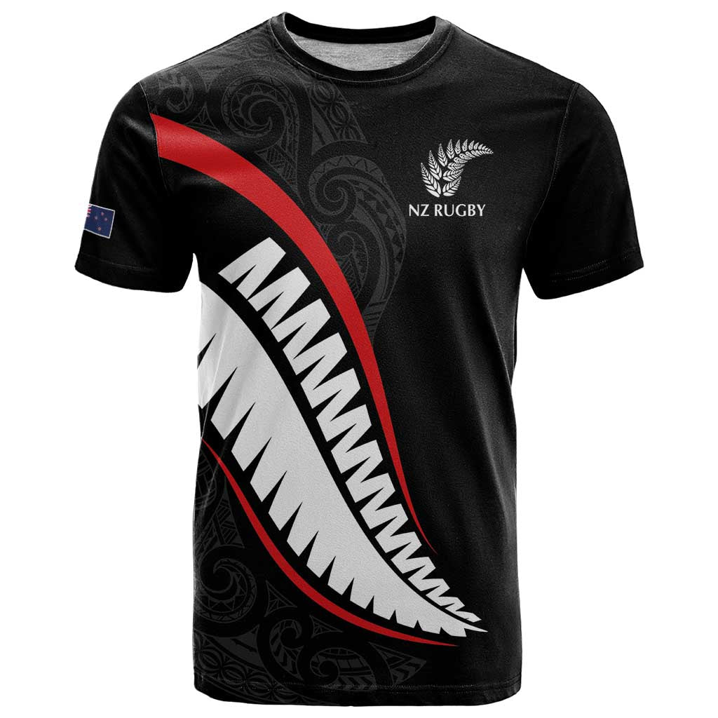 New Zealand Rugby Custom T Shirt Sporty Silver Fern Shape with Maori Tattoos - Polynesian Pride