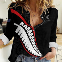 New Zealand Rugby Custom Women Casual Shirt Sporty Silver Fern Shape with Maori Tattoos LT03 Female Black - Polynesian Pride