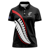 New Zealand Rugby Custom Women Polo Shirt Sporty Silver Fern Shape with Maori Tattoos LT03 Female Black - Polynesian Pride