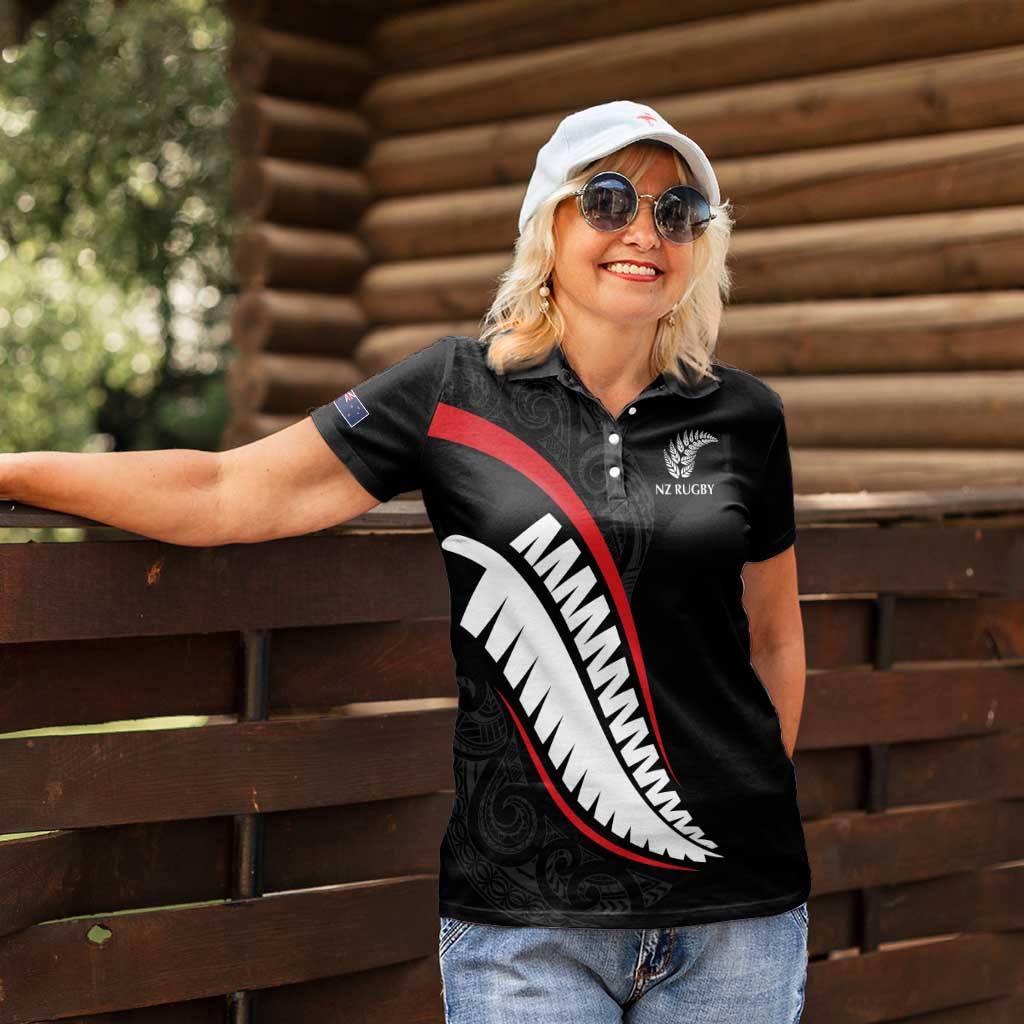 New Zealand Rugby Custom Women Polo Shirt Sporty Silver Fern Shape with Maori Tattoos LT03 - Polynesian Pride