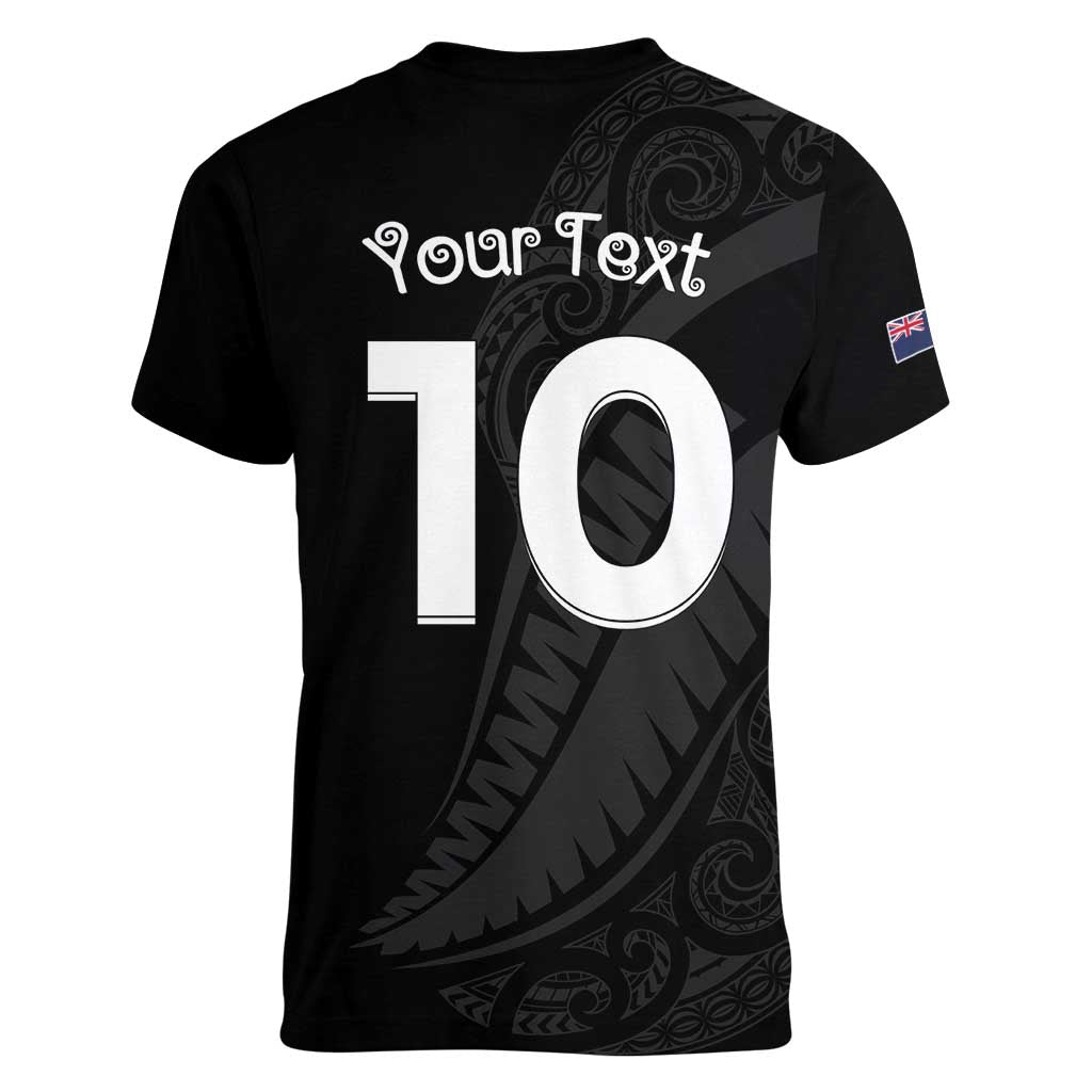 New Zealand Rugby Custom Women V-Neck T-Shirt Sporty Silver Fern Shape with Maori Tattoos LT03 - Polynesian Pride