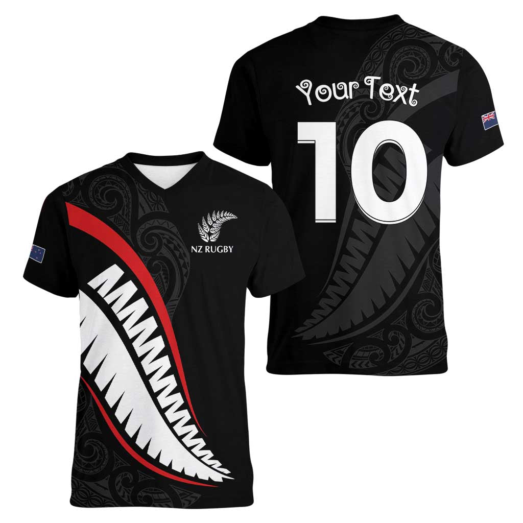 New Zealand Rugby Custom Women V-Neck T-Shirt Sporty Silver Fern Shape with Maori Tattoos LT03 - Polynesian Pride