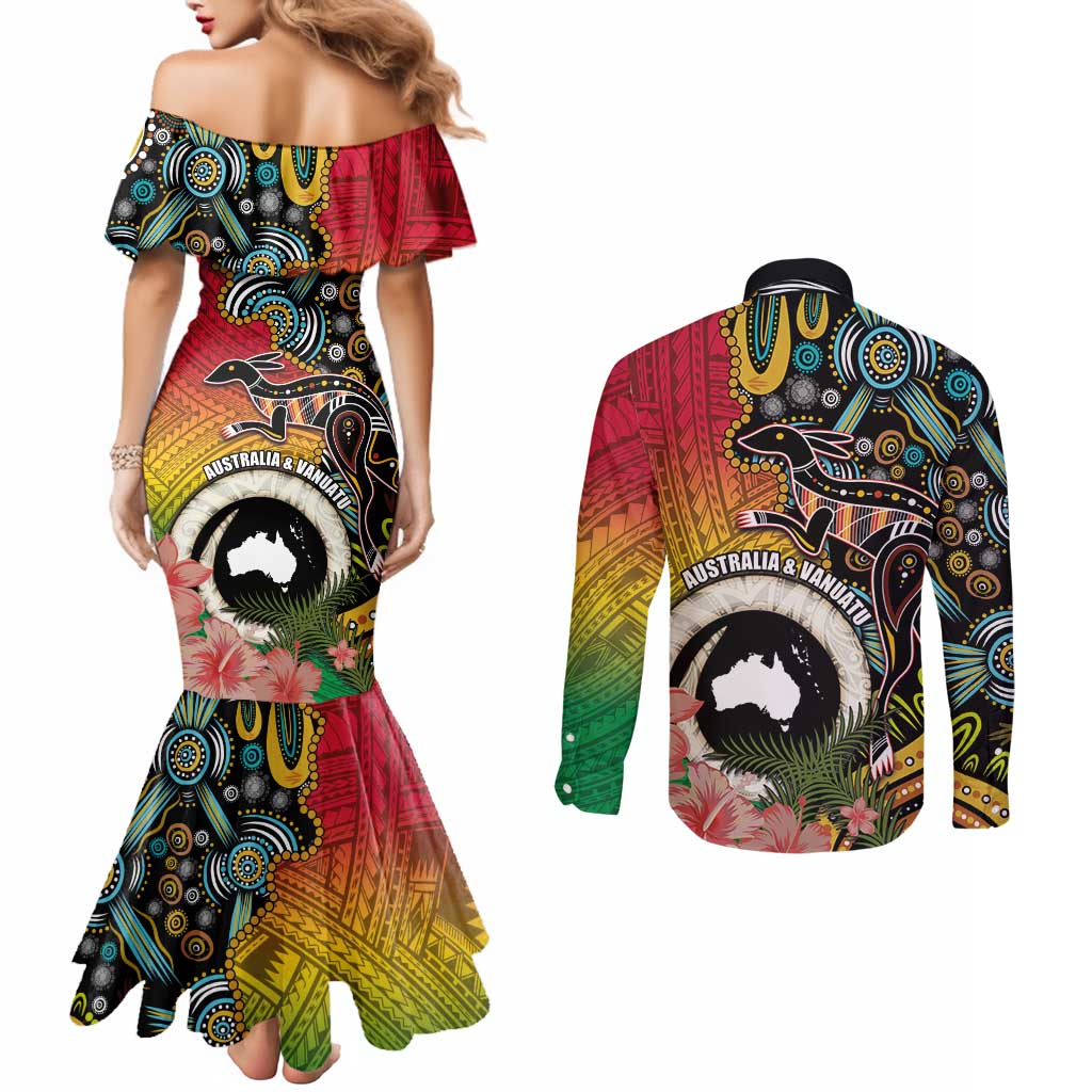 Vanuatu and Australia Together Couples Matching Mermaid Dress and Long Sleeve Button Shirt Kangaroo with Pig Tusk Indigenous Pattern