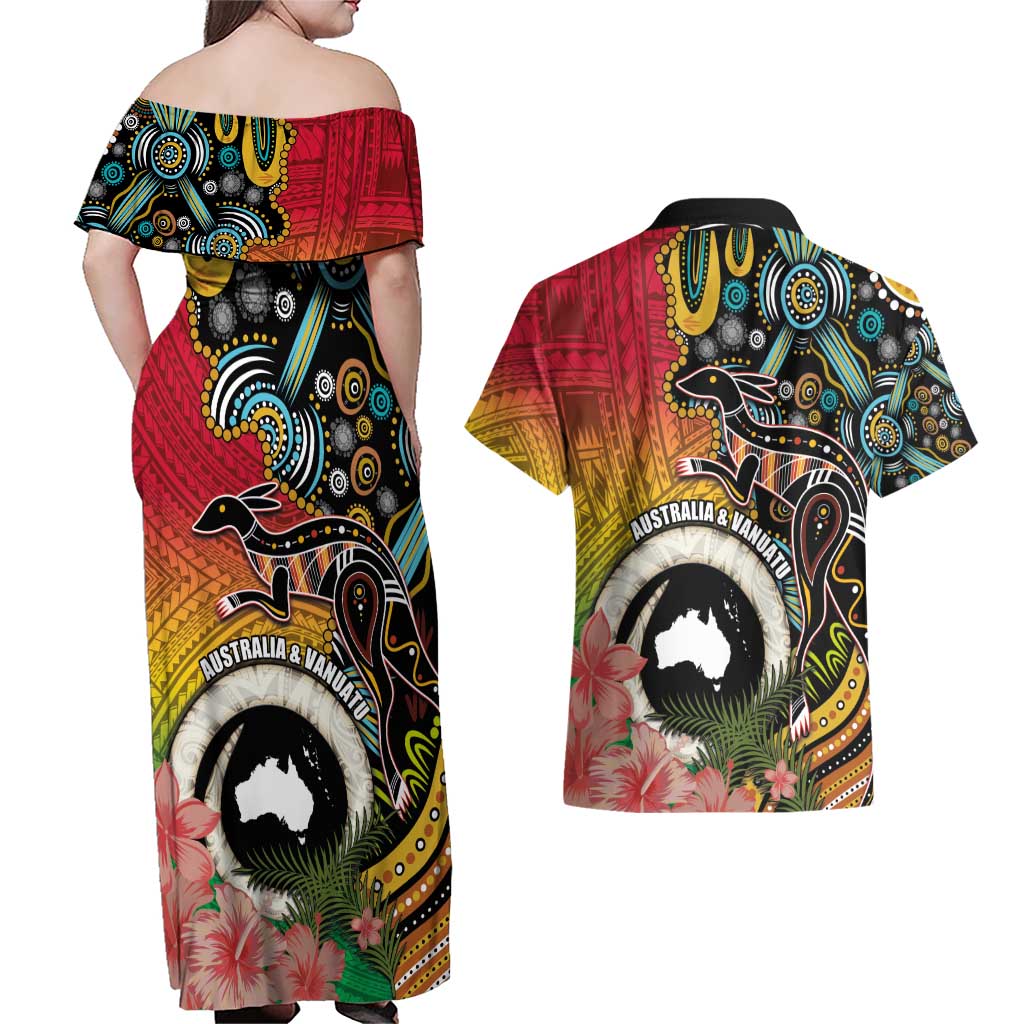 Vanuatu and Australia Together Couples Matching Off Shoulder Maxi Dress and Hawaiian Shirt Kangaroo with Pig Tusk Indigenous Pattern