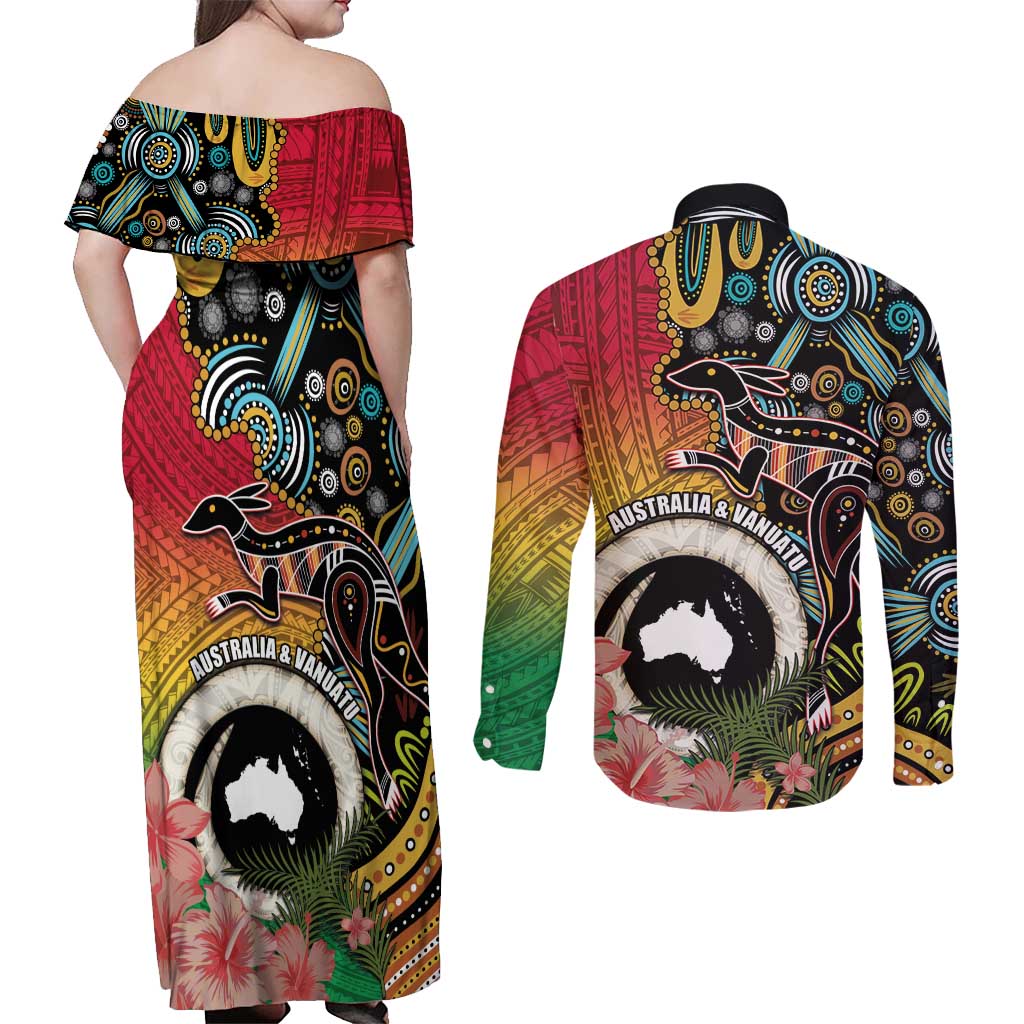 Vanuatu and Australia Together Couples Matching Off Shoulder Maxi Dress and Long Sleeve Button Shirt Kangaroo with Pig Tusk Indigenous Pattern