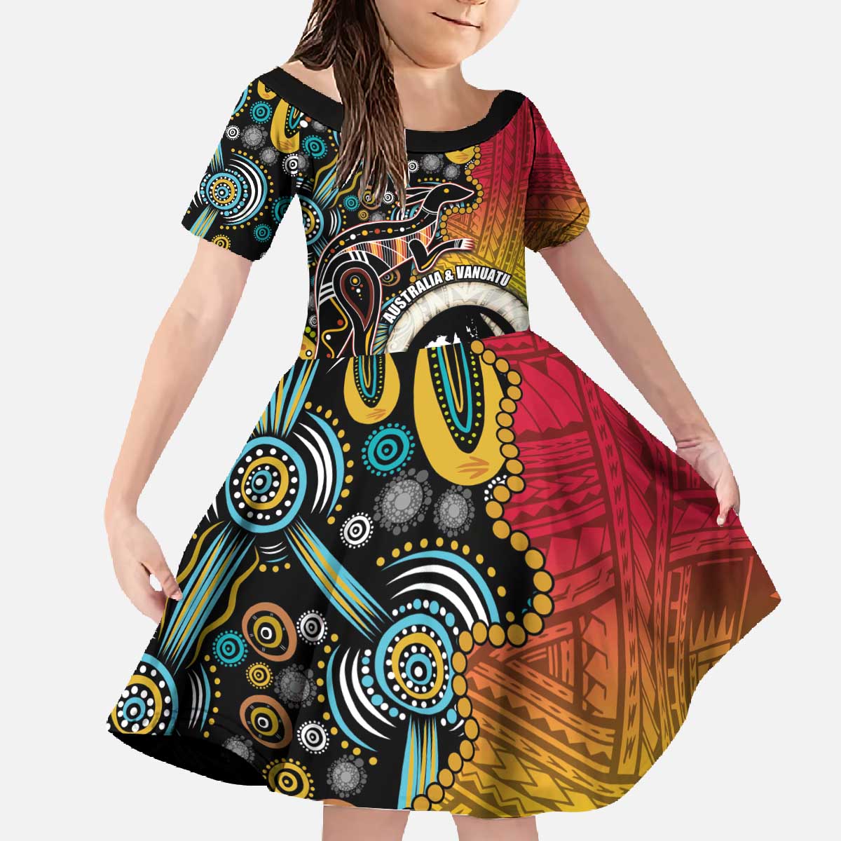 Vanuatu and Australia Together Family Matching Off The Shoulder Long Sleeve Dress and Hawaiian Shirt Kangaroo with Pig Tusk Indigenous Pattern LT03 Daughter's Dress Black - Polynesian Pride
