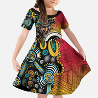 Vanuatu and Australia Together Family Matching Off The Shoulder Long Sleeve Dress and Hawaiian Shirt Kangaroo with Pig Tusk Indigenous Pattern LT03 Daughter's Dress Black - Polynesian Pride