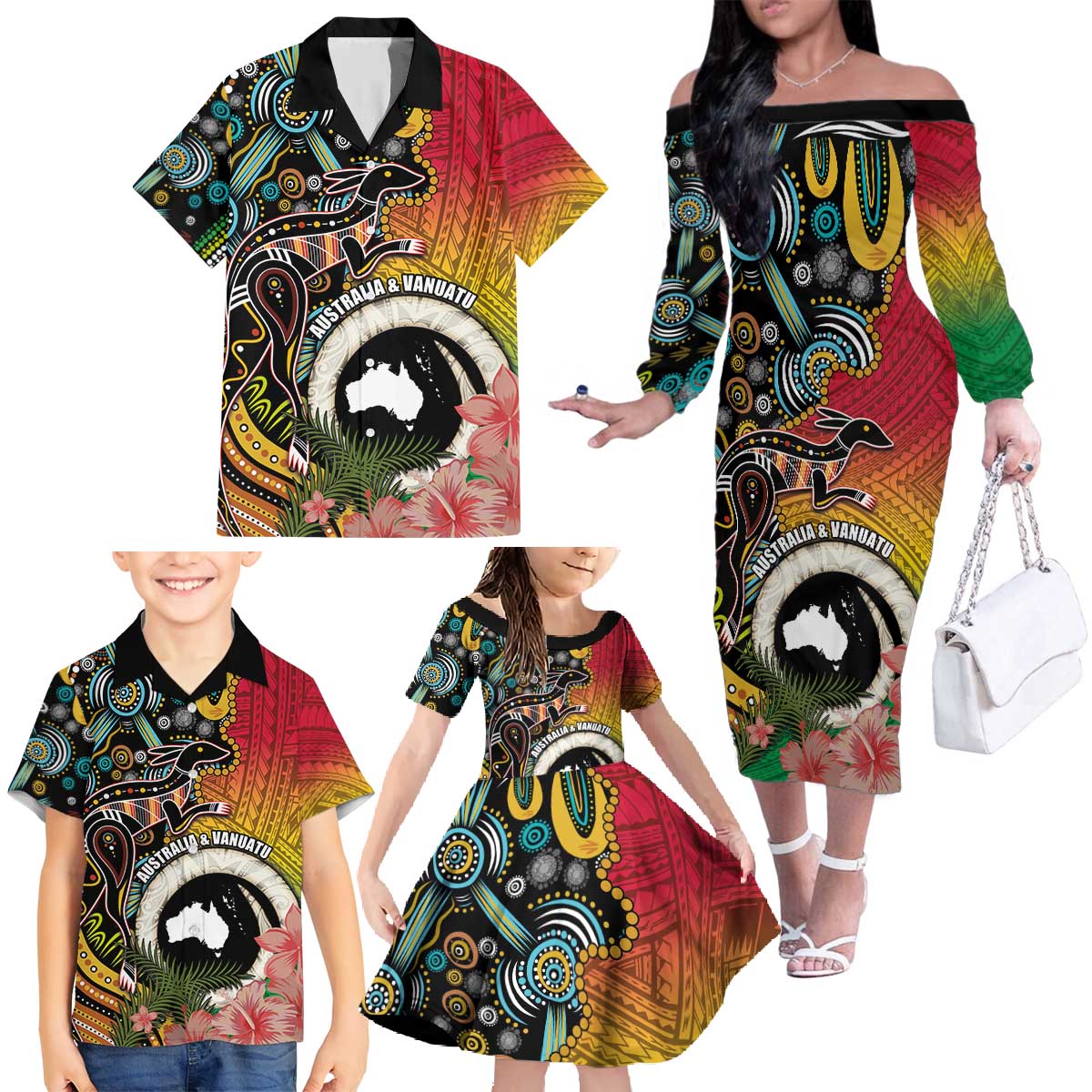 Vanuatu and Australia Together Family Matching Off The Shoulder Long Sleeve Dress and Hawaiian Shirt Kangaroo with Pig Tusk Indigenous Pattern LT03 - Polynesian Pride