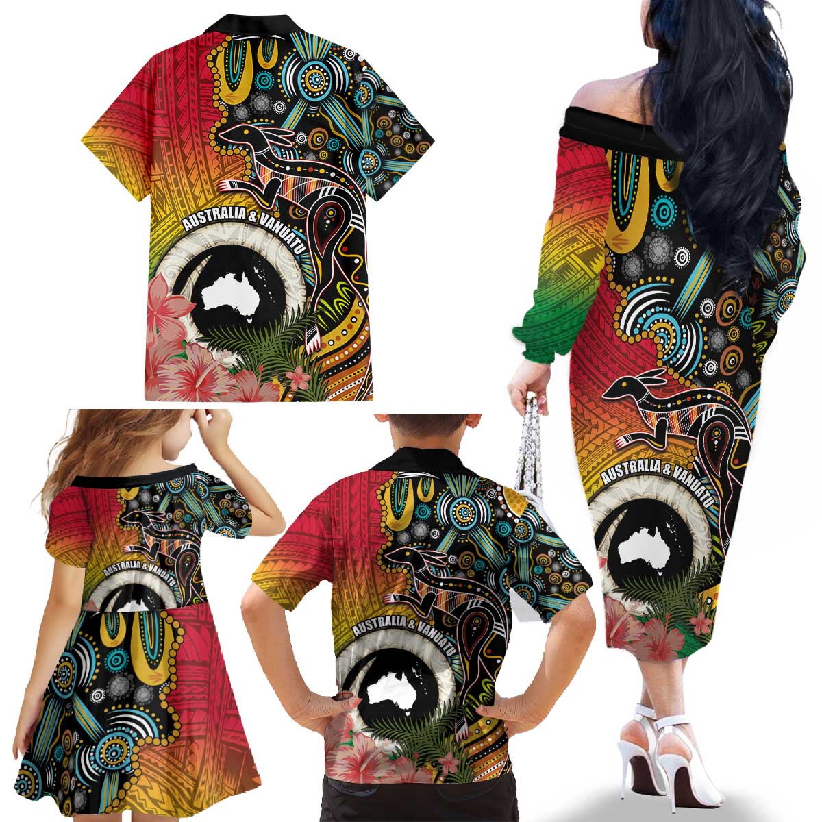 Vanuatu and Australia Together Family Matching Off The Shoulder Long Sleeve Dress and Hawaiian Shirt Kangaroo with Pig Tusk Indigenous Pattern LT03 - Polynesian Pride