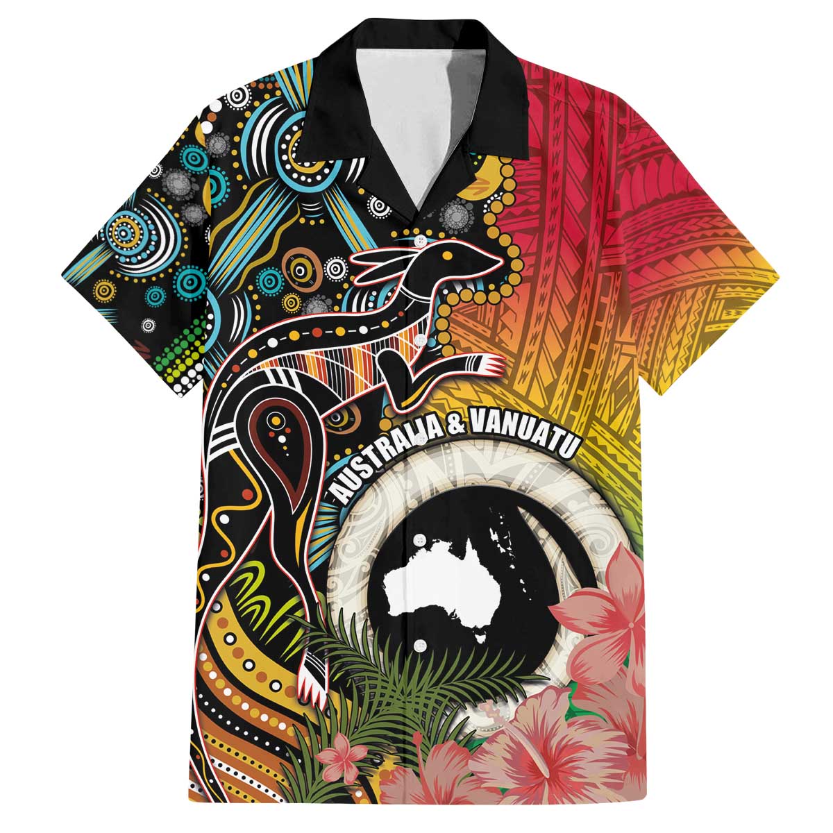 Vanuatu and Australia Together Family Matching Off The Shoulder Long Sleeve Dress and Hawaiian Shirt Kangaroo with Pig Tusk Indigenous Pattern LT03 Dad's Shirt - Short Sleeve Black - Polynesian Pride