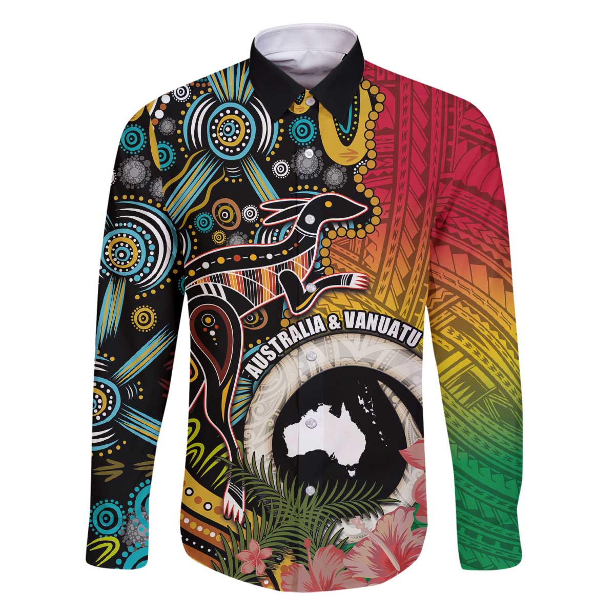 Vanuatu and Australia Together Family Matching Off The Shoulder Long Sleeve Dress and Hawaiian Shirt Kangaroo with Pig Tusk Indigenous Pattern LT03 Dad's Shirt - Long Sleeve Black - Polynesian Pride