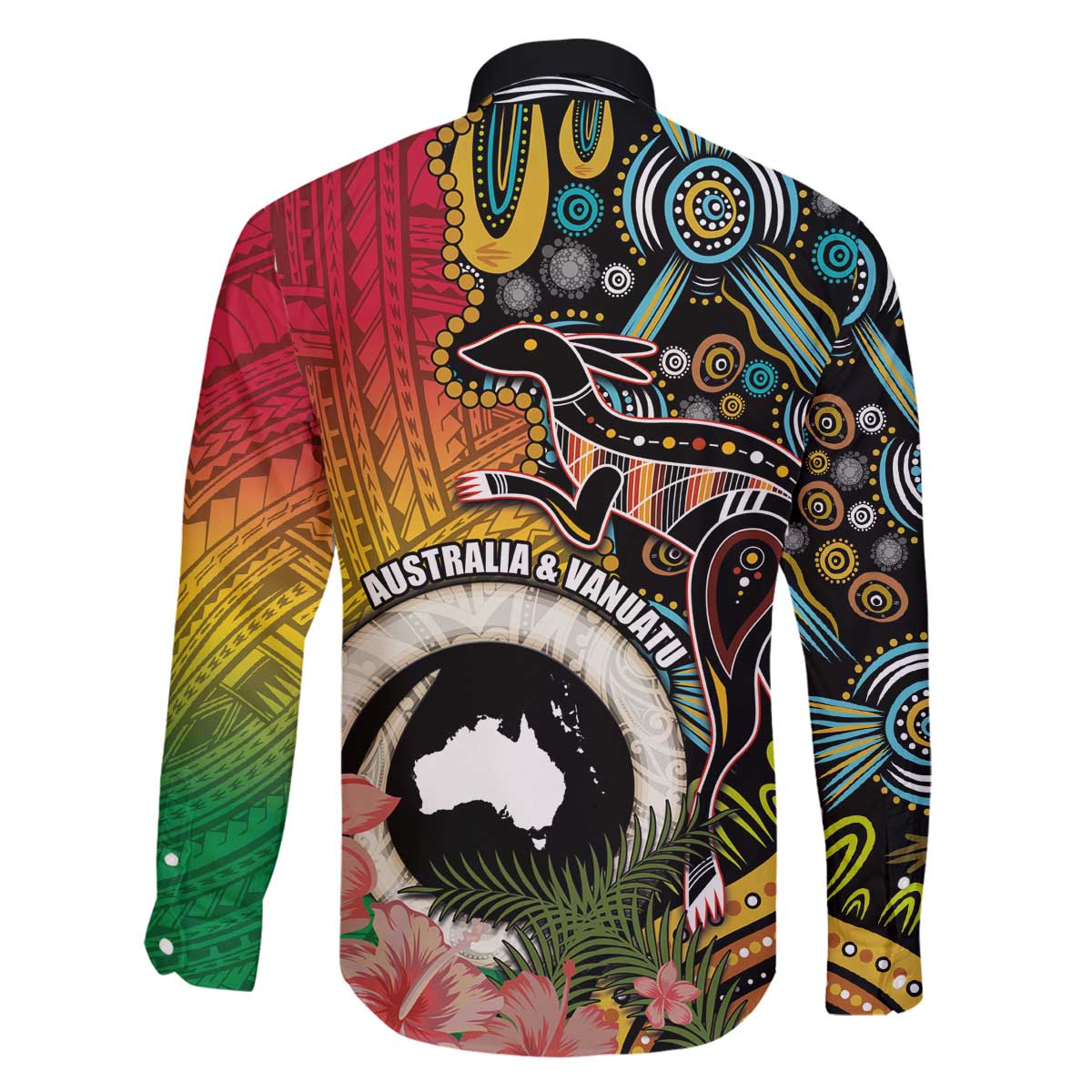 Vanuatu and Australia Together Family Matching Off The Shoulder Long Sleeve Dress and Hawaiian Shirt Kangaroo with Pig Tusk Indigenous Pattern LT03 - Polynesian Pride