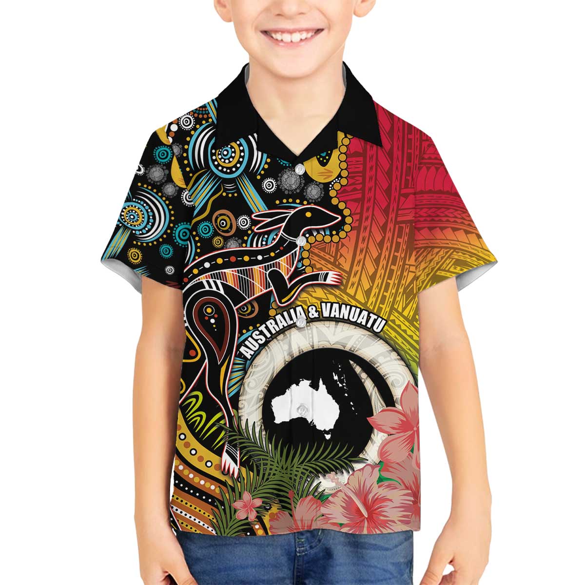 Vanuatu and Australia Together Family Matching Off The Shoulder Long Sleeve Dress and Hawaiian Shirt Kangaroo with Pig Tusk Indigenous Pattern LT03 Son's Shirt Black - Polynesian Pride